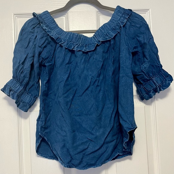 Off the shoulder, crushed fake denim - Picture 1 of 3